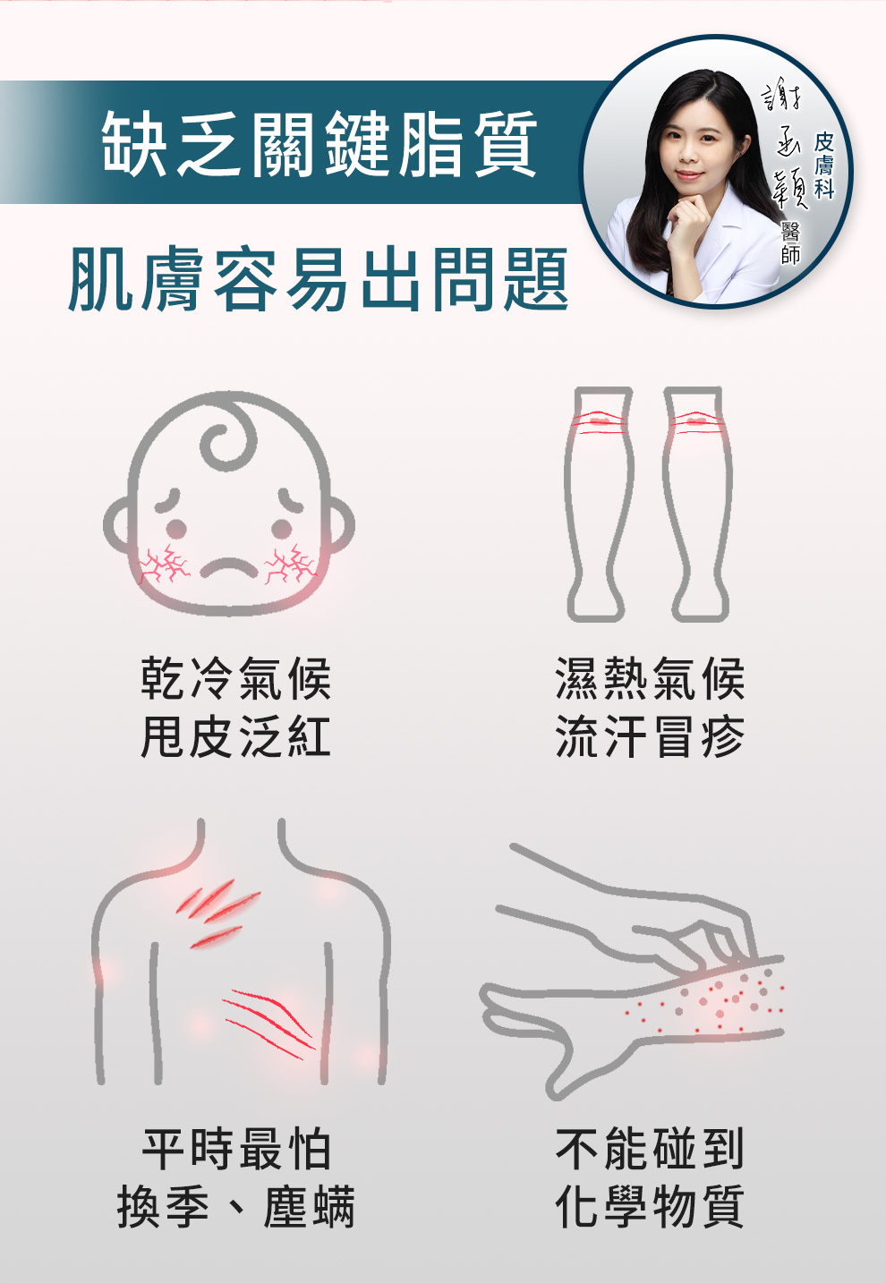 乾燥脫皮、泛紅痕癢、過敏起疹子、異位性皮膚炎、