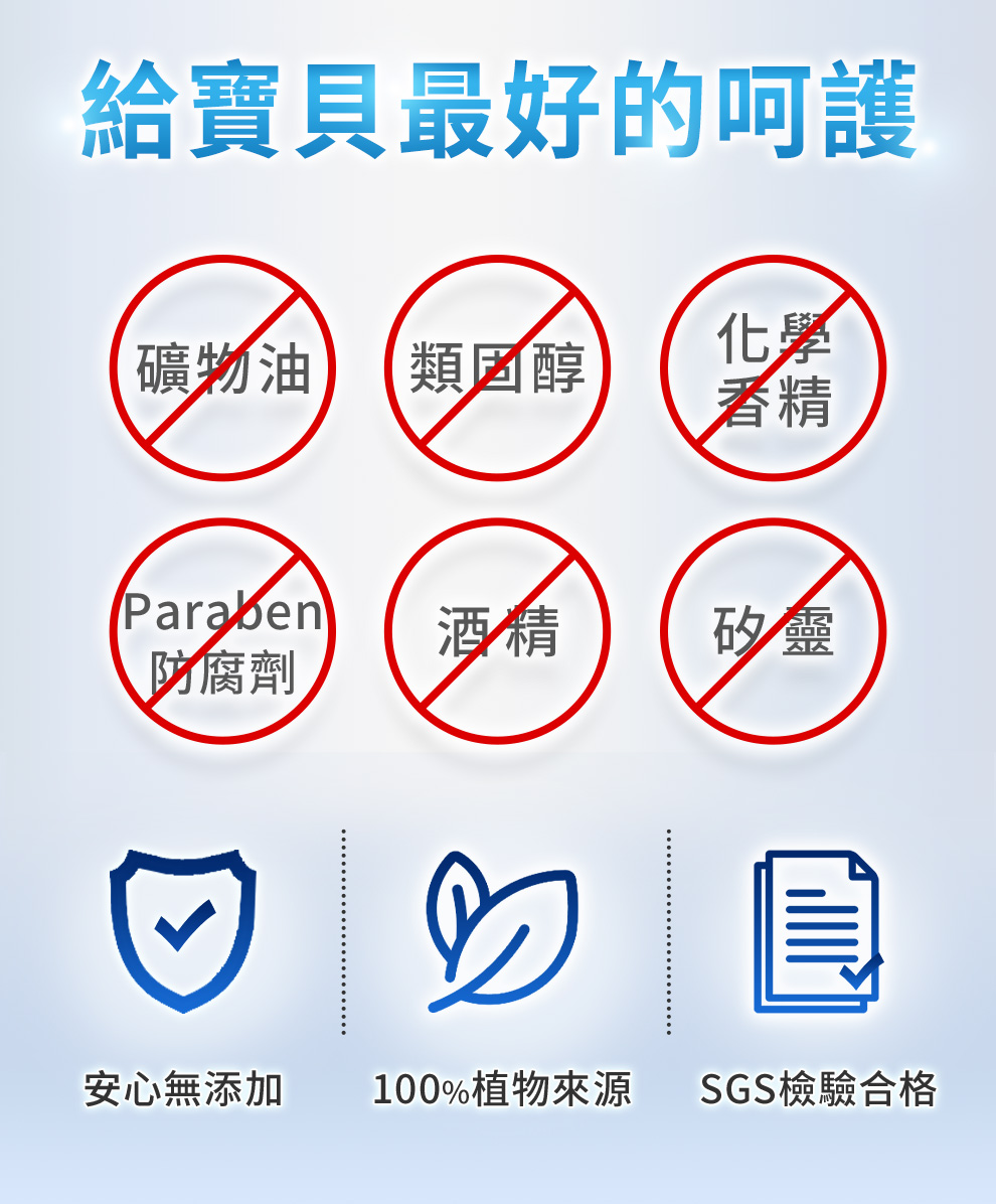 不含類固醇、酒精、矽靈、防腐劑、香精、礦物油，SGS檢驗合格