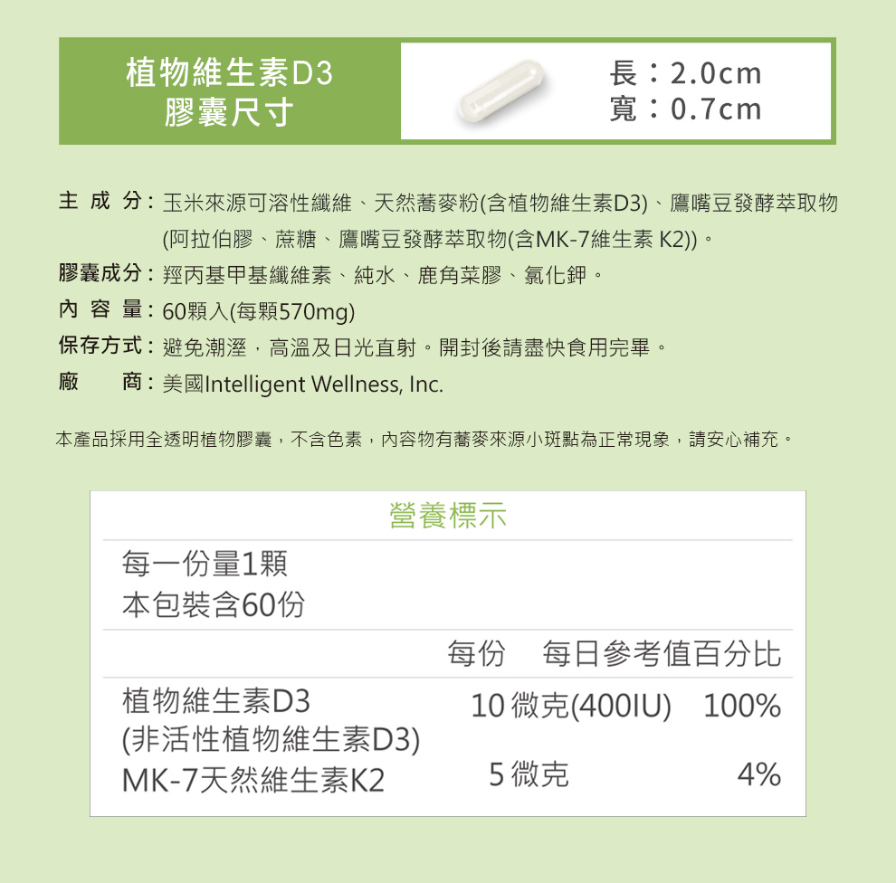 植物維生素D3營養標示