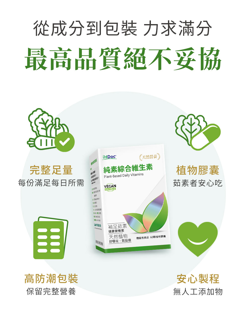 嚴守潔淨製程，保證安全，8大無添加不含賦形劑，PVDC片裝，防潮、方便、衛生