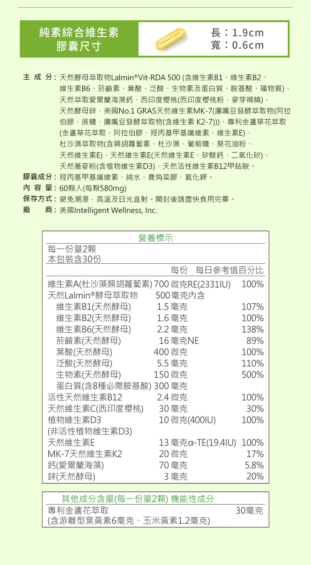 維生素A、酵母B群、維生素K、葉黃素、蛋白質