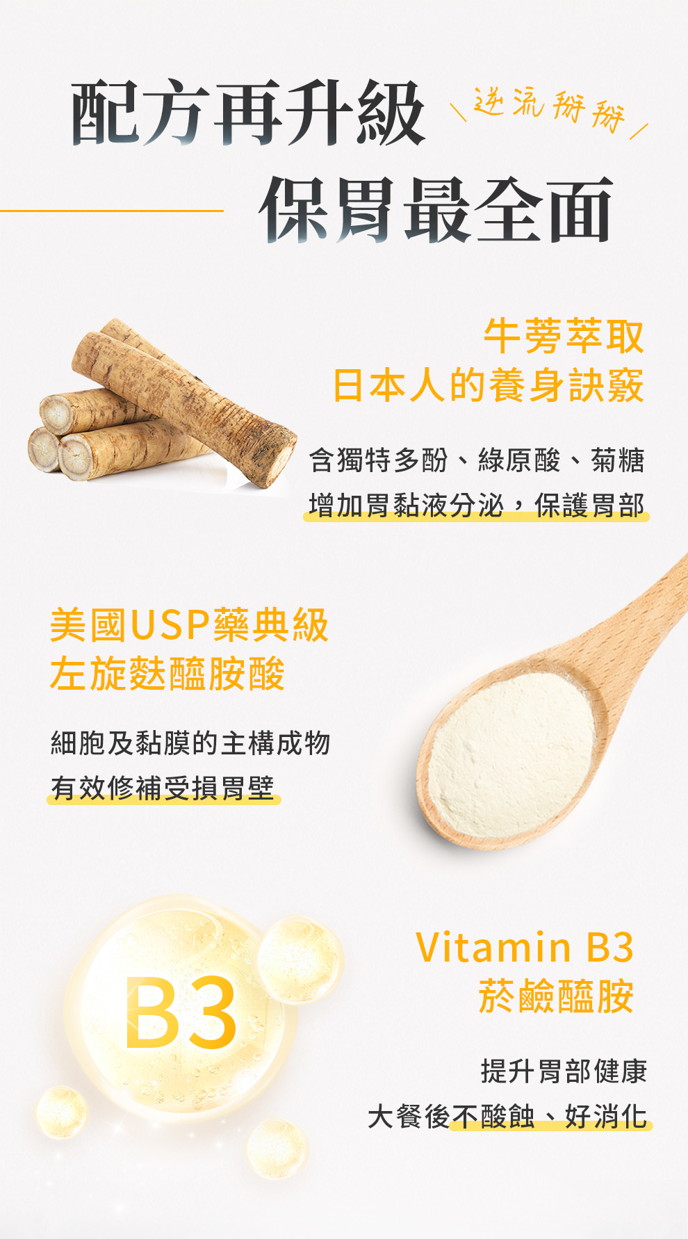牛蒡萃取、左旋麩醯胺酸、維他命D3