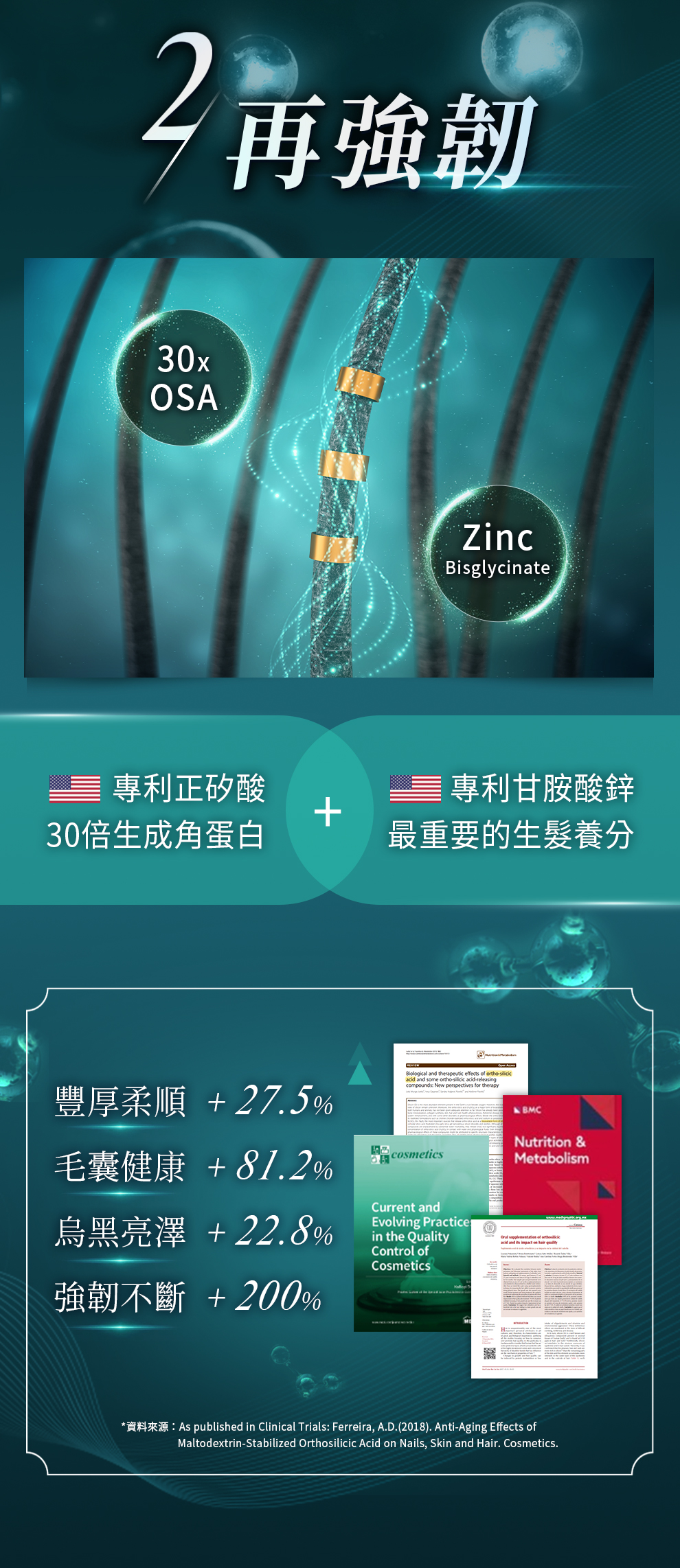 強韌配方：專利正矽酸、螯合鋅，髮根堅固不脫落