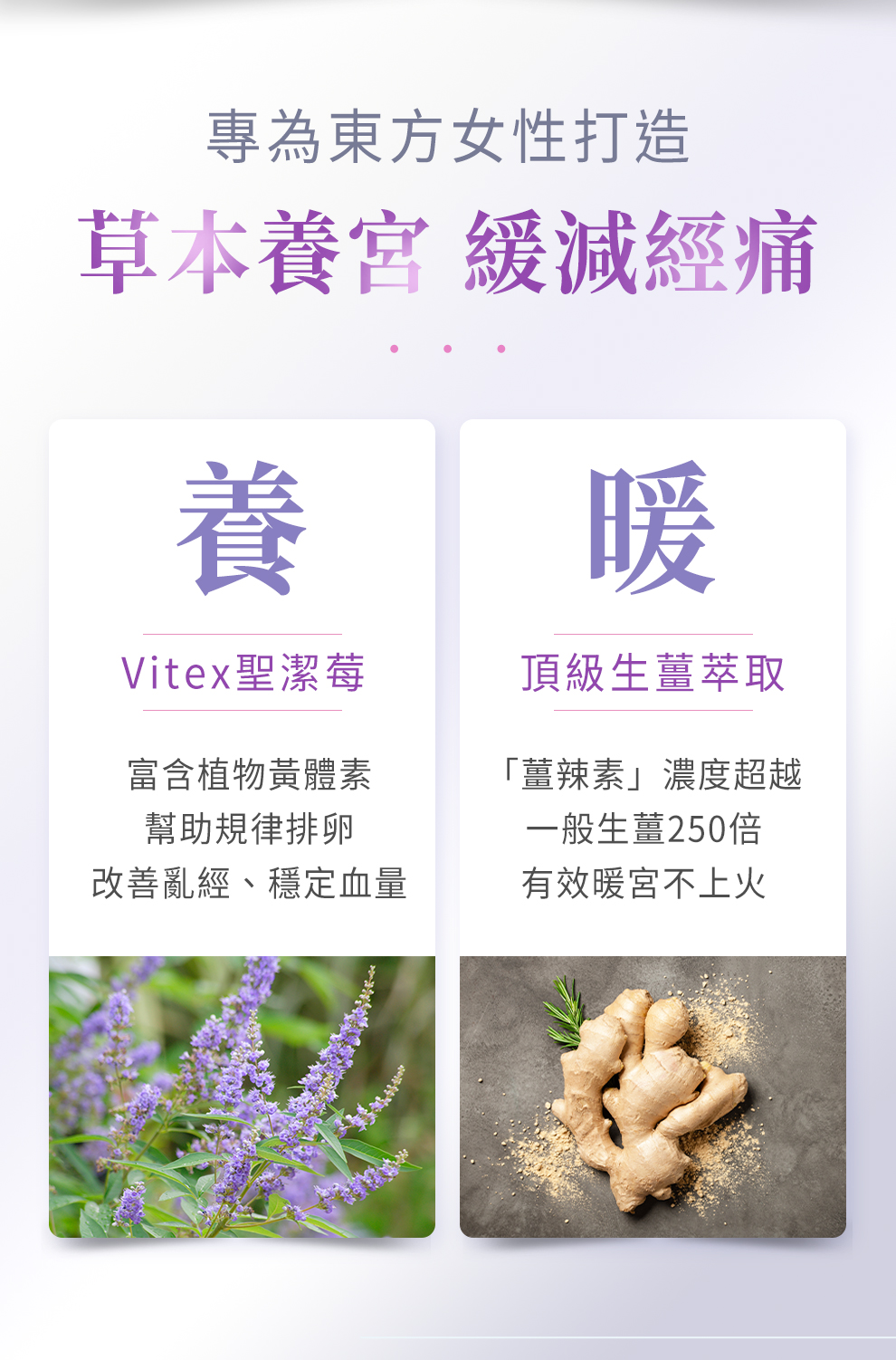 聖潔莓、生薑萃取,幫助暖宮,減緩經痛、穩定血量、不上火