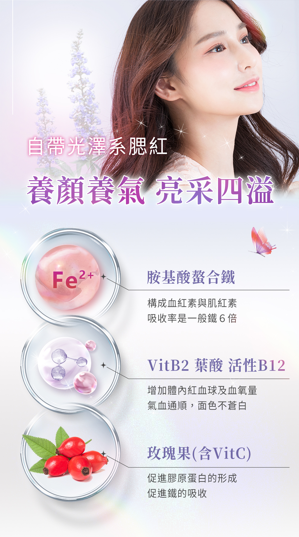 胺基酸螯合鐵、B2、B12、B9、葉酸、維他命C