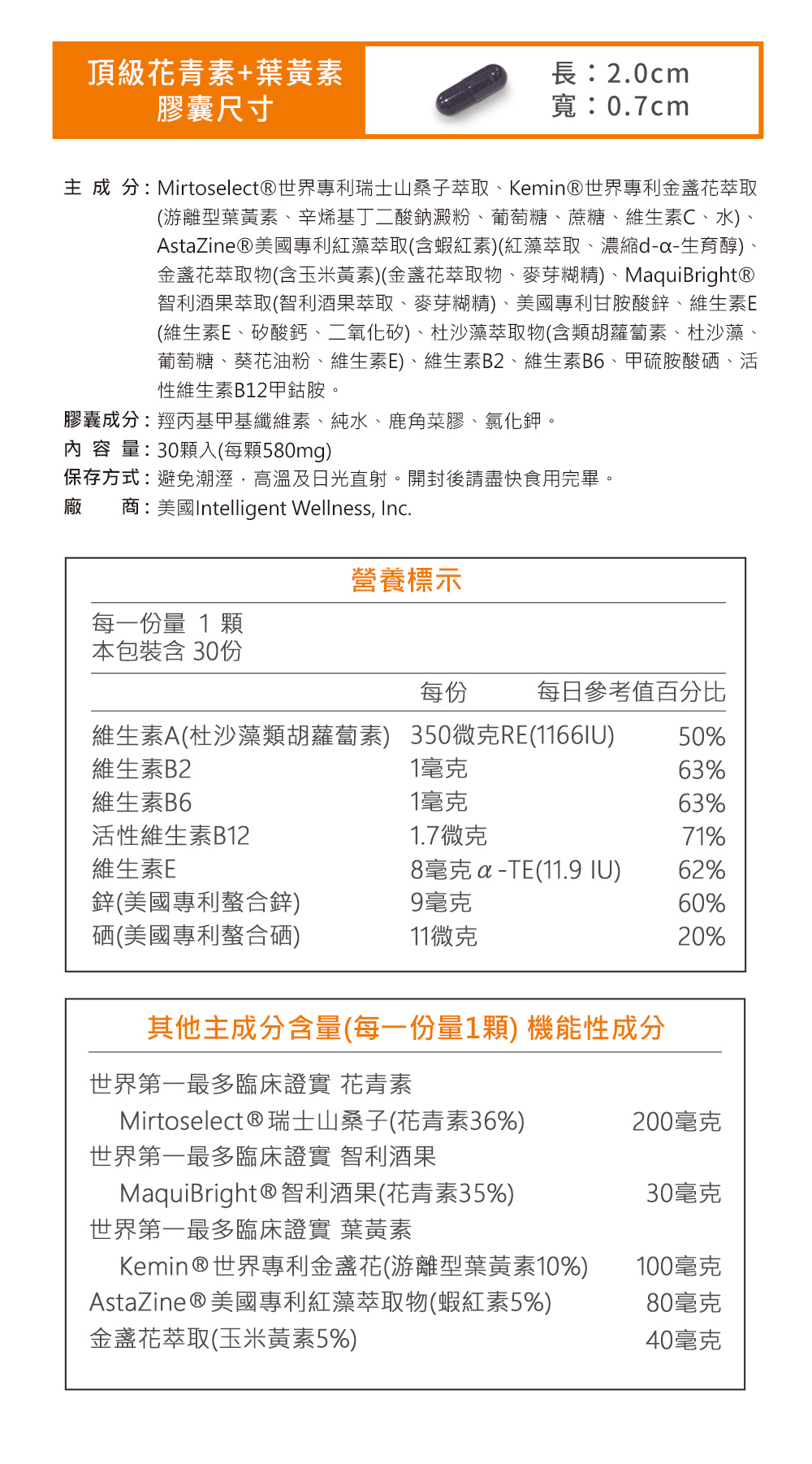 頂級花青素+葉黃素營養標示