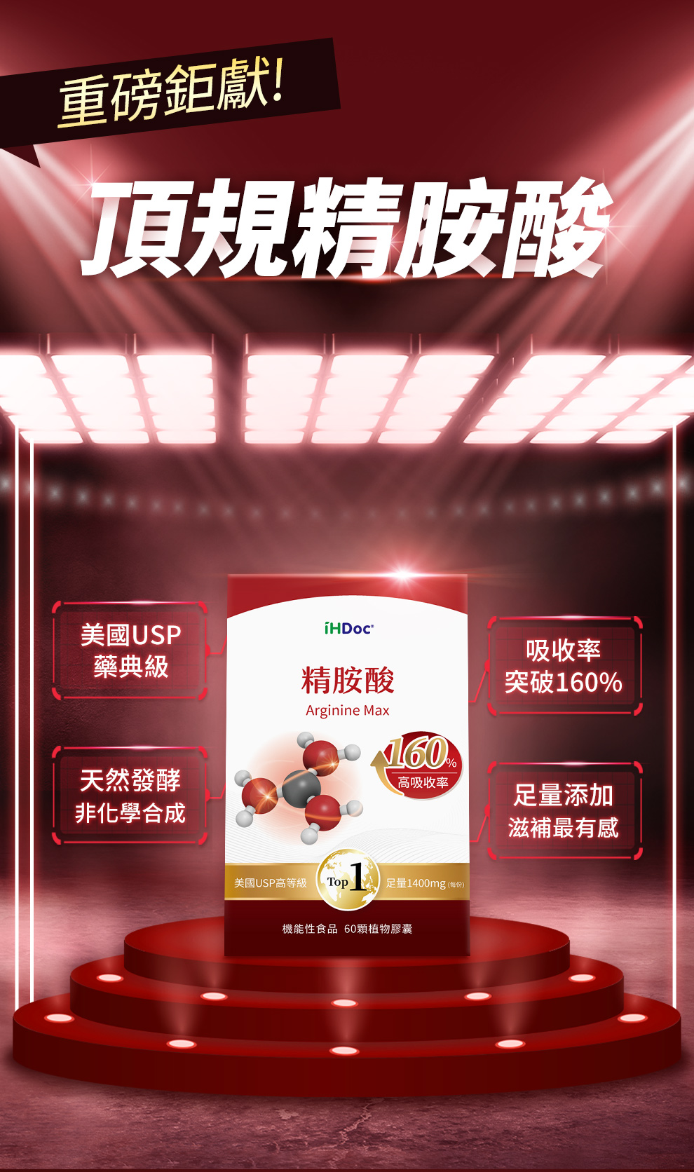 天然成分，美國藥典級精胺酸，最高吸收率160%