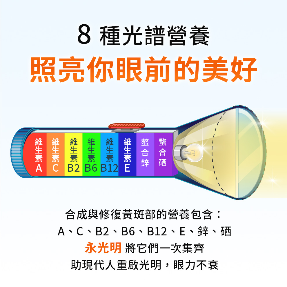 維生素A、維他命BCE、螯合鋅、螯合硒