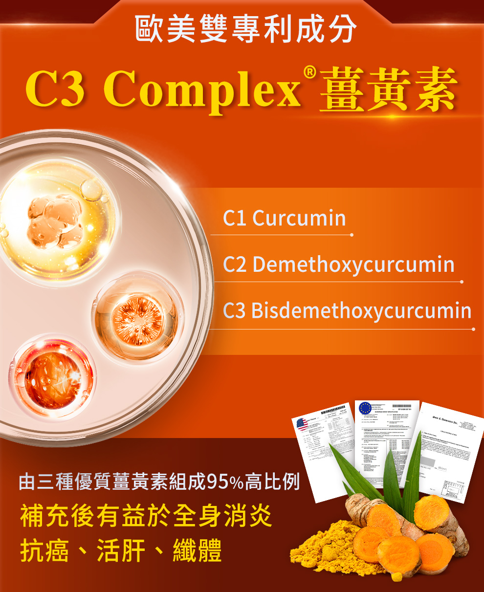 歐美專利C3 COMPLEX 薑黃素,95%高比例抗癌、活肝、纖體
