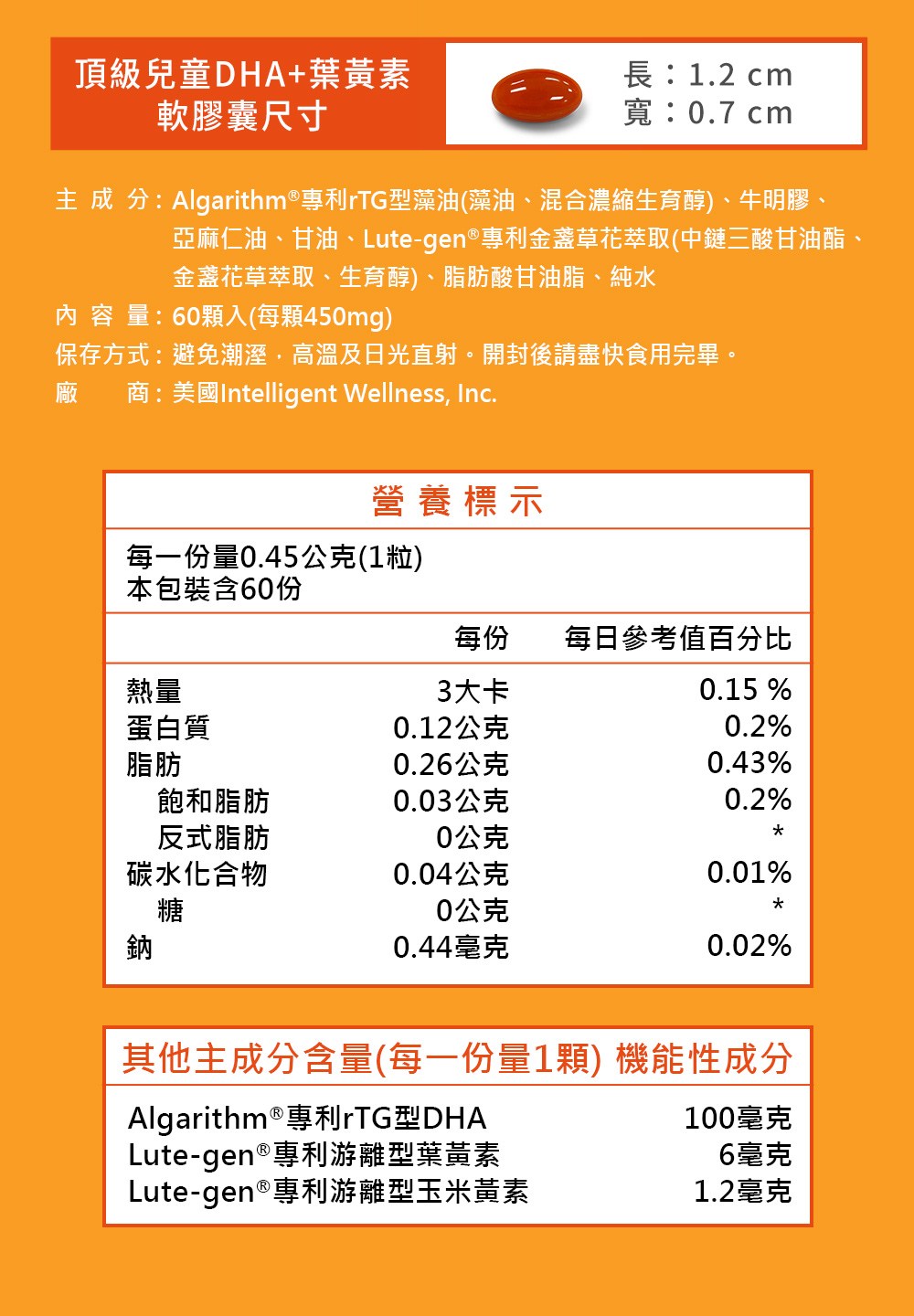 兒童DHA+葉黃素成分表